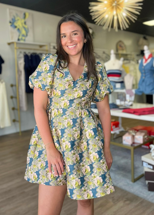 Teal & Yellow Floral Jacquard Mini Dress