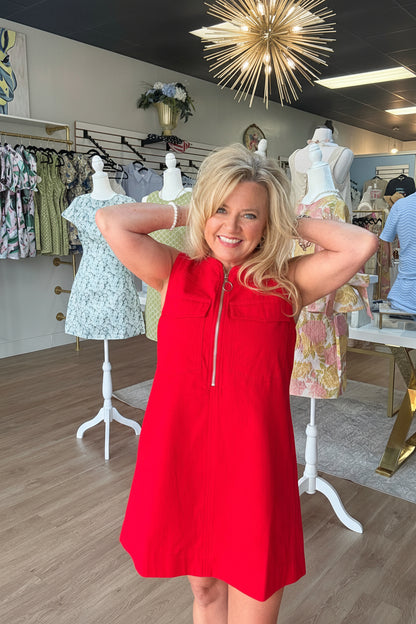 Cherry Red Half Zip Denim Dress
