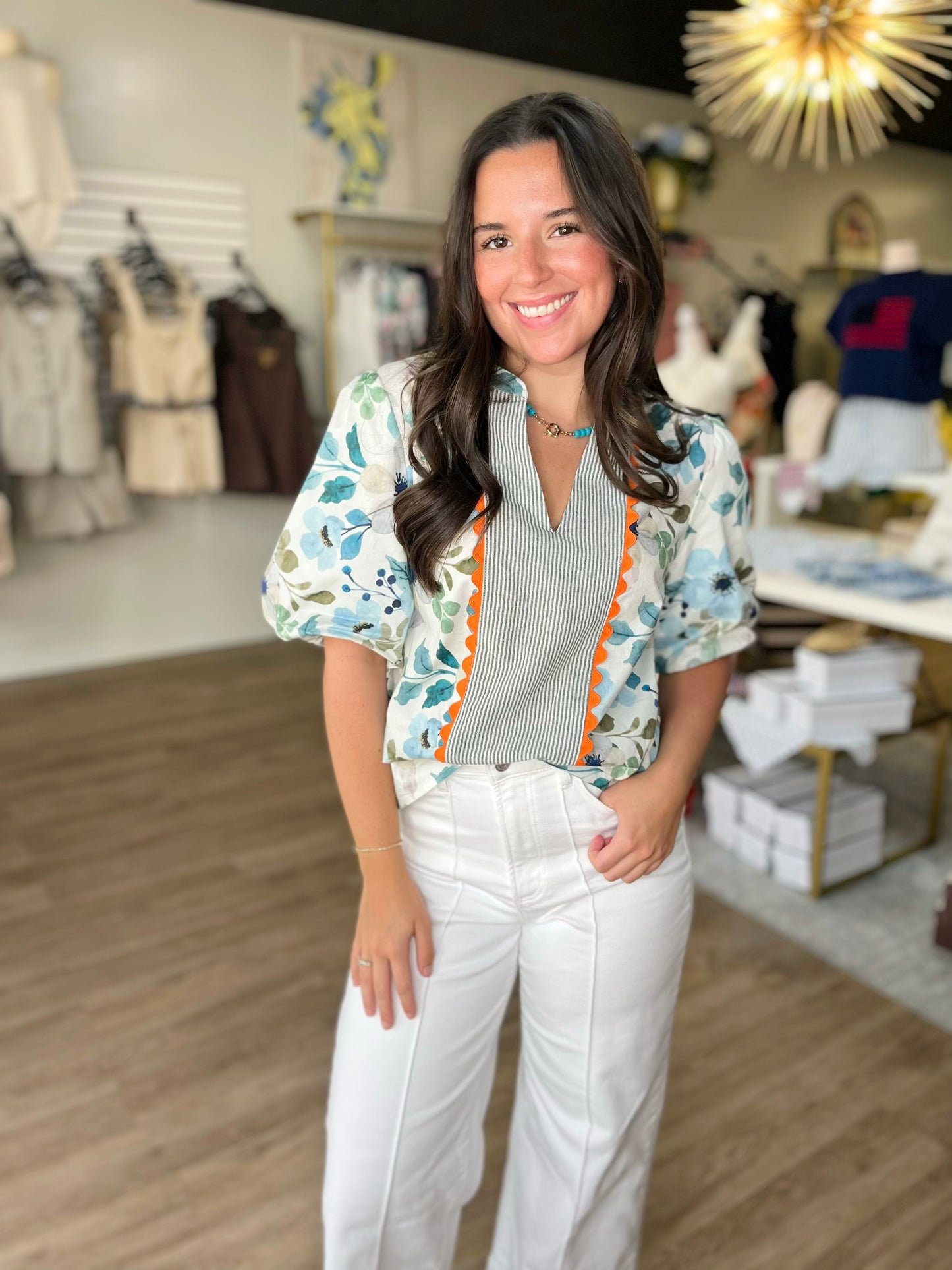 Blue Blossom Scallop Trim Floral Top