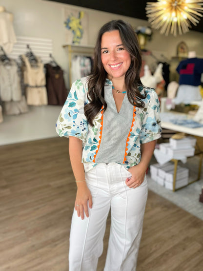 Blue Blossom Scallop Trim Floral Top