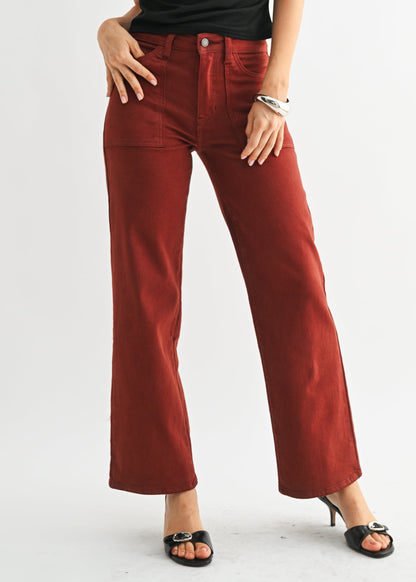 Soft, dark red wide-leg jeans with front pockets, high waist fit, styled sweetly with a black top. Elle Boutique, Zachary, LA.