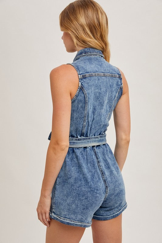 belted denim romper back view