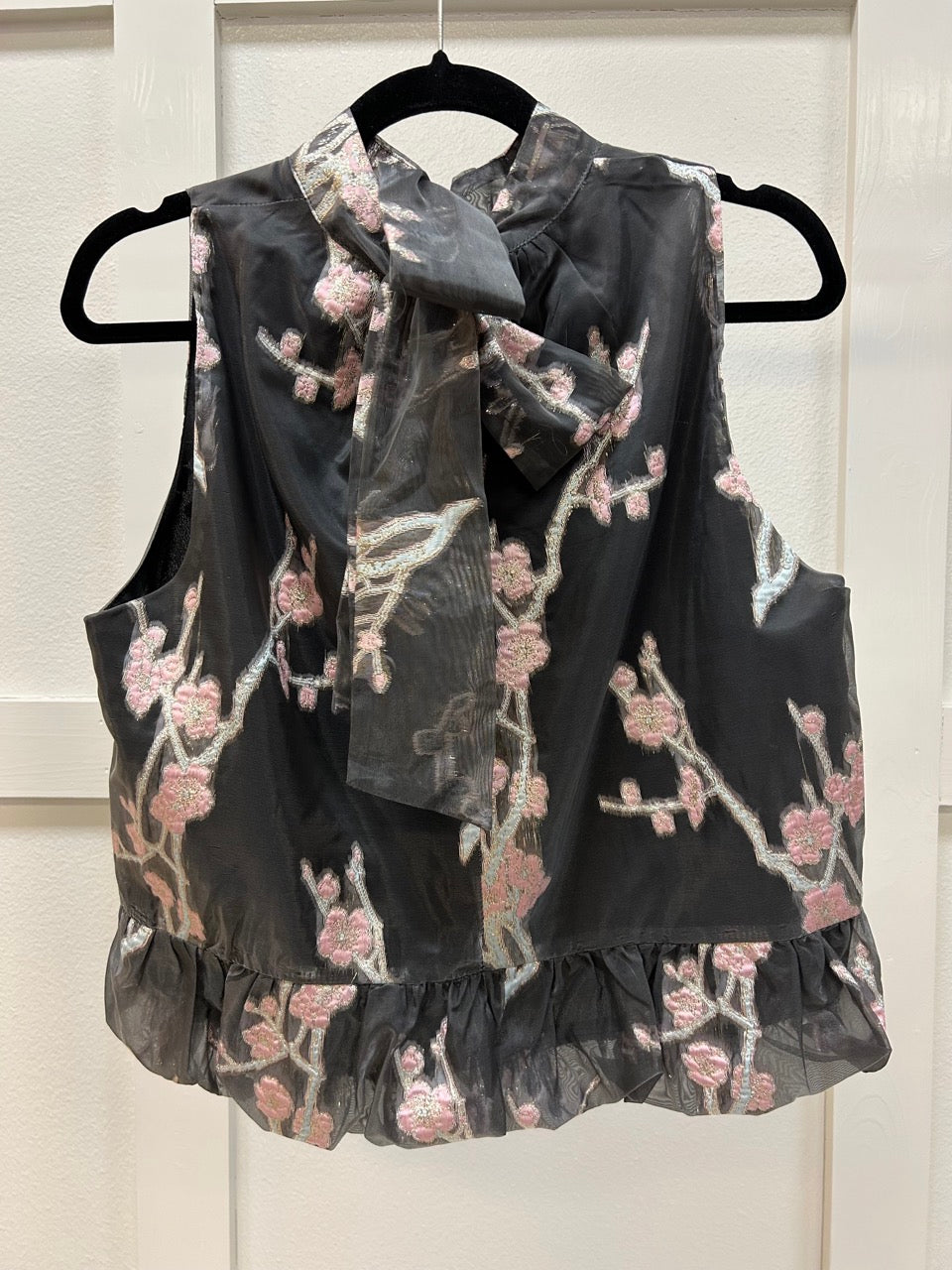 black top with pink florals tie back