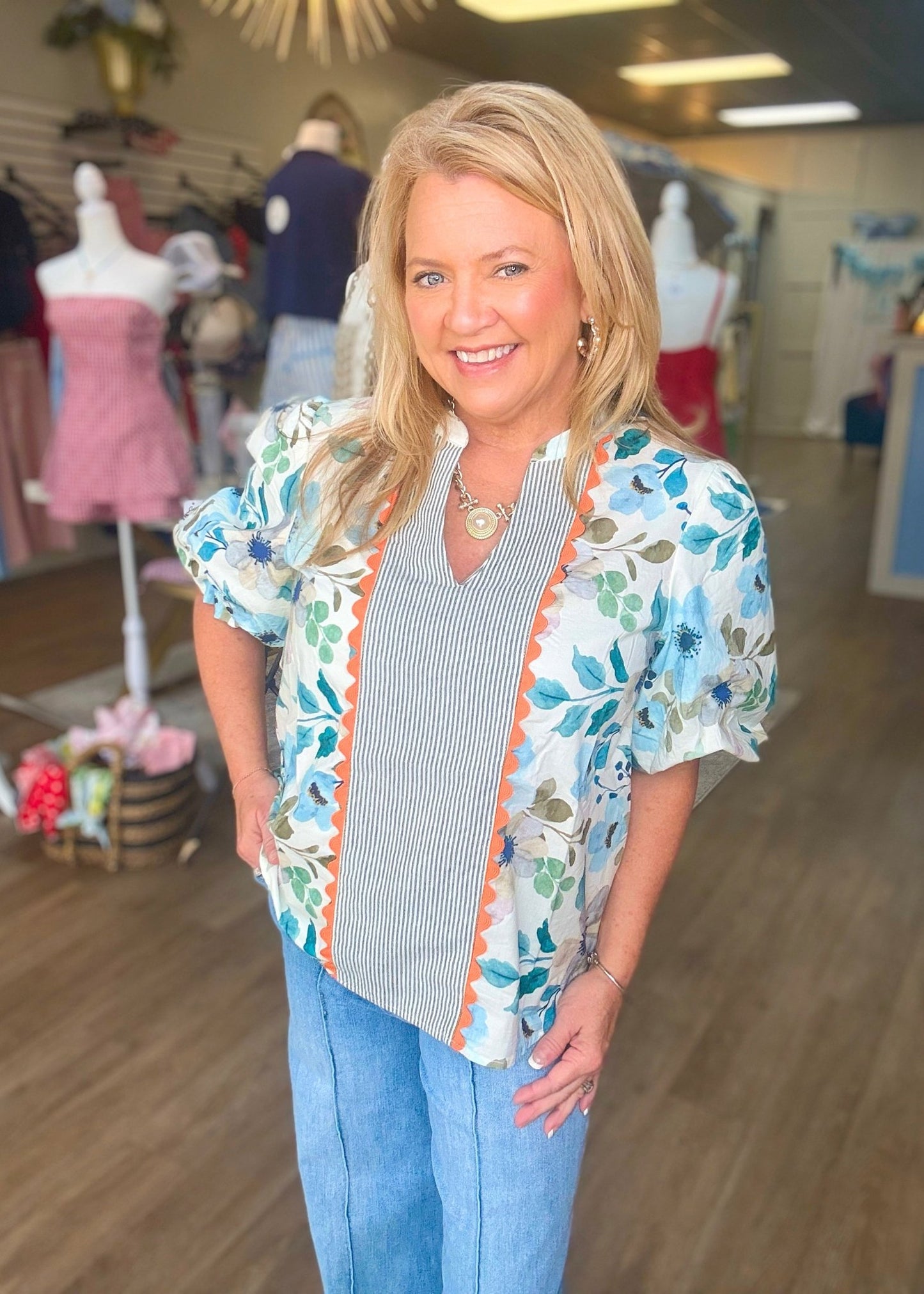Blue Blossom Scallop Trim Floral Top - ElleBoutiqueZachary
