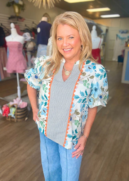 Blue Blossom Scallop Trim Floral Top - ElleBoutiqueZachary