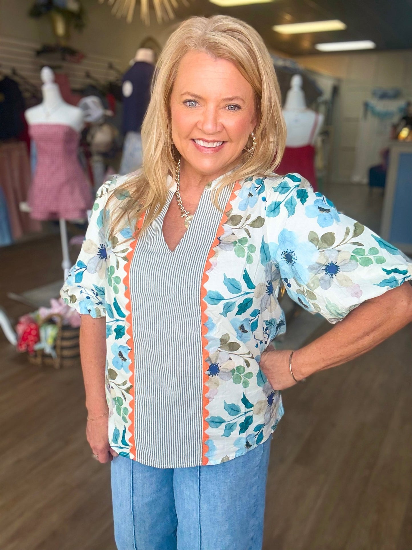 Blue Blossom Scallop Trim Floral Top - ElleBoutiqueZachary
