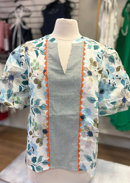 Blue Blossom Scallop Trim Floral Top - ElleBoutiqueZachary