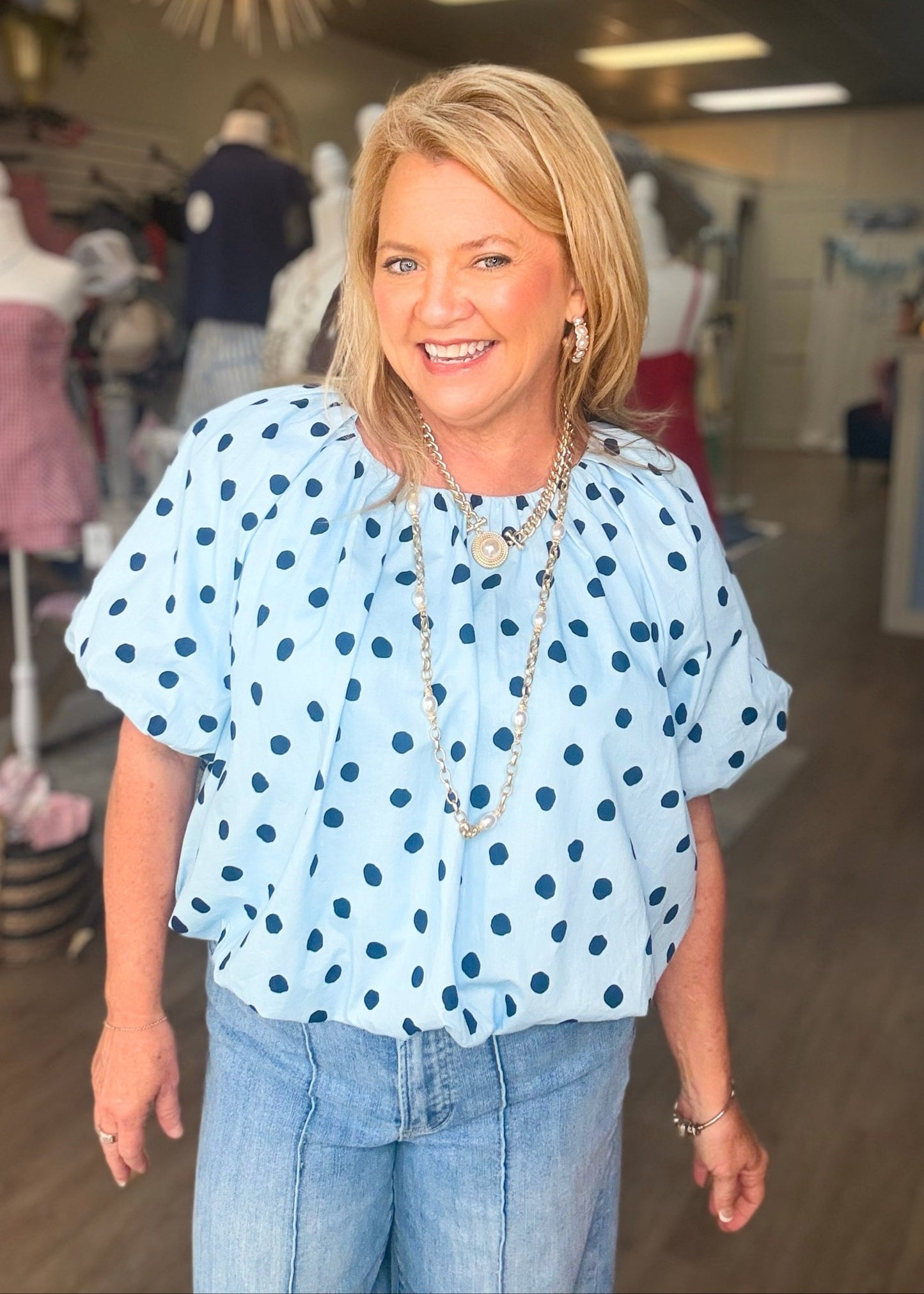 Blue Skies Polka Dot Bubble Blouse - ElleBoutiqueZachary