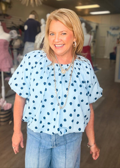 Blue Skies Polka Dot Bubble Blouse - ElleBoutiqueZachary