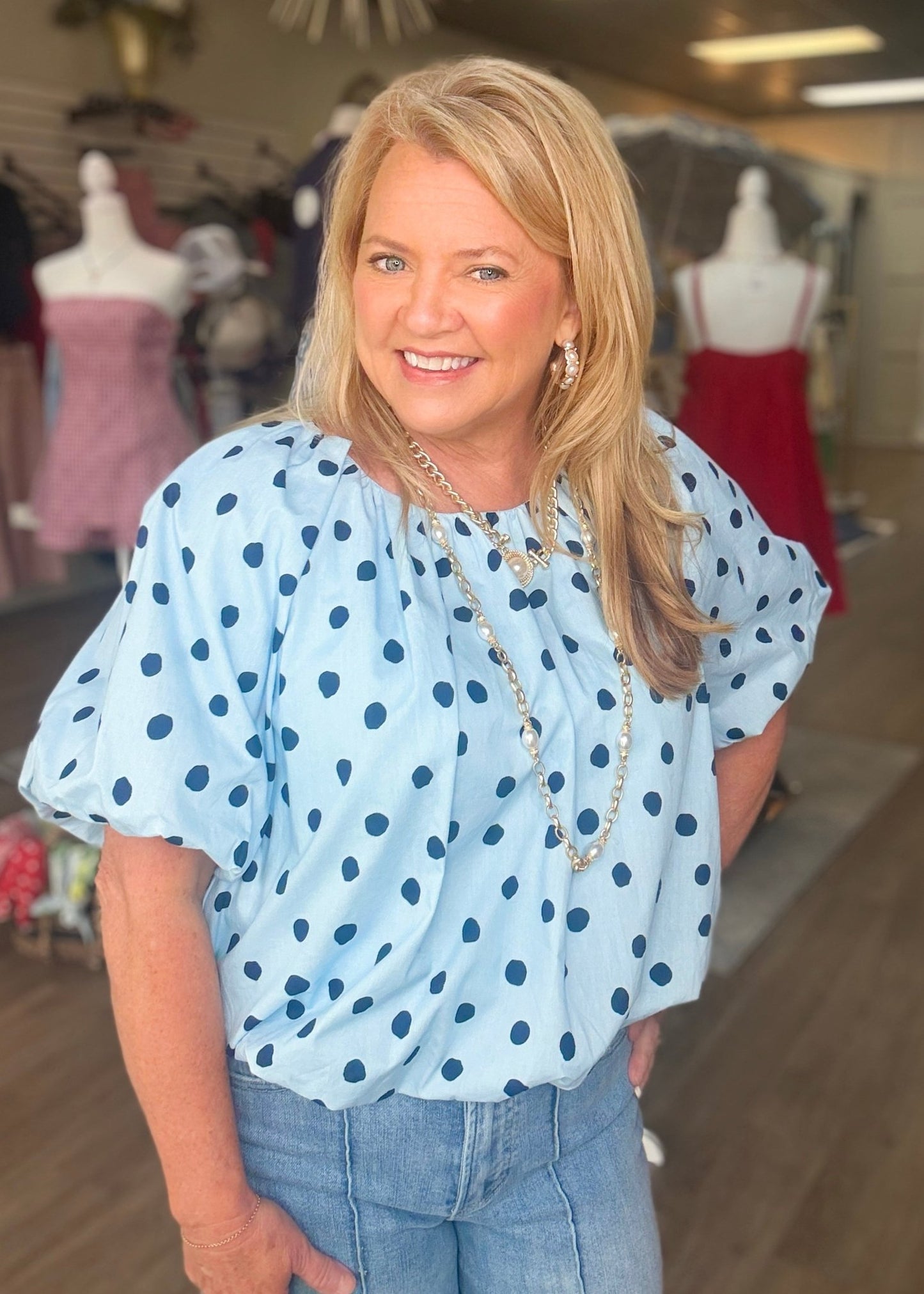 Blue Skies Polka Dot Bubble Blouse - ElleBoutiqueZachary