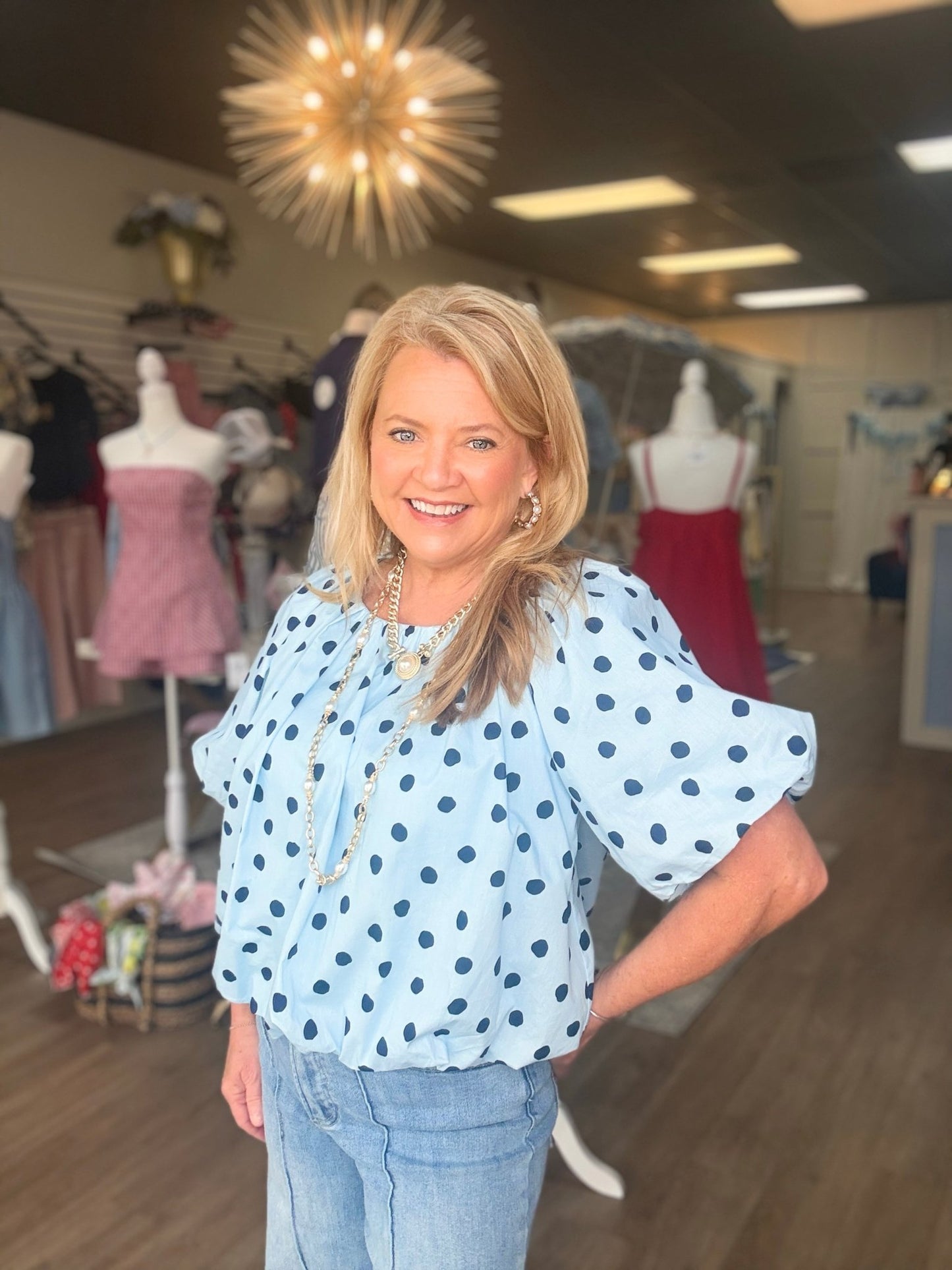 Blue Skies Polka Dot Bubble Blouse - ElleBoutiqueZachary