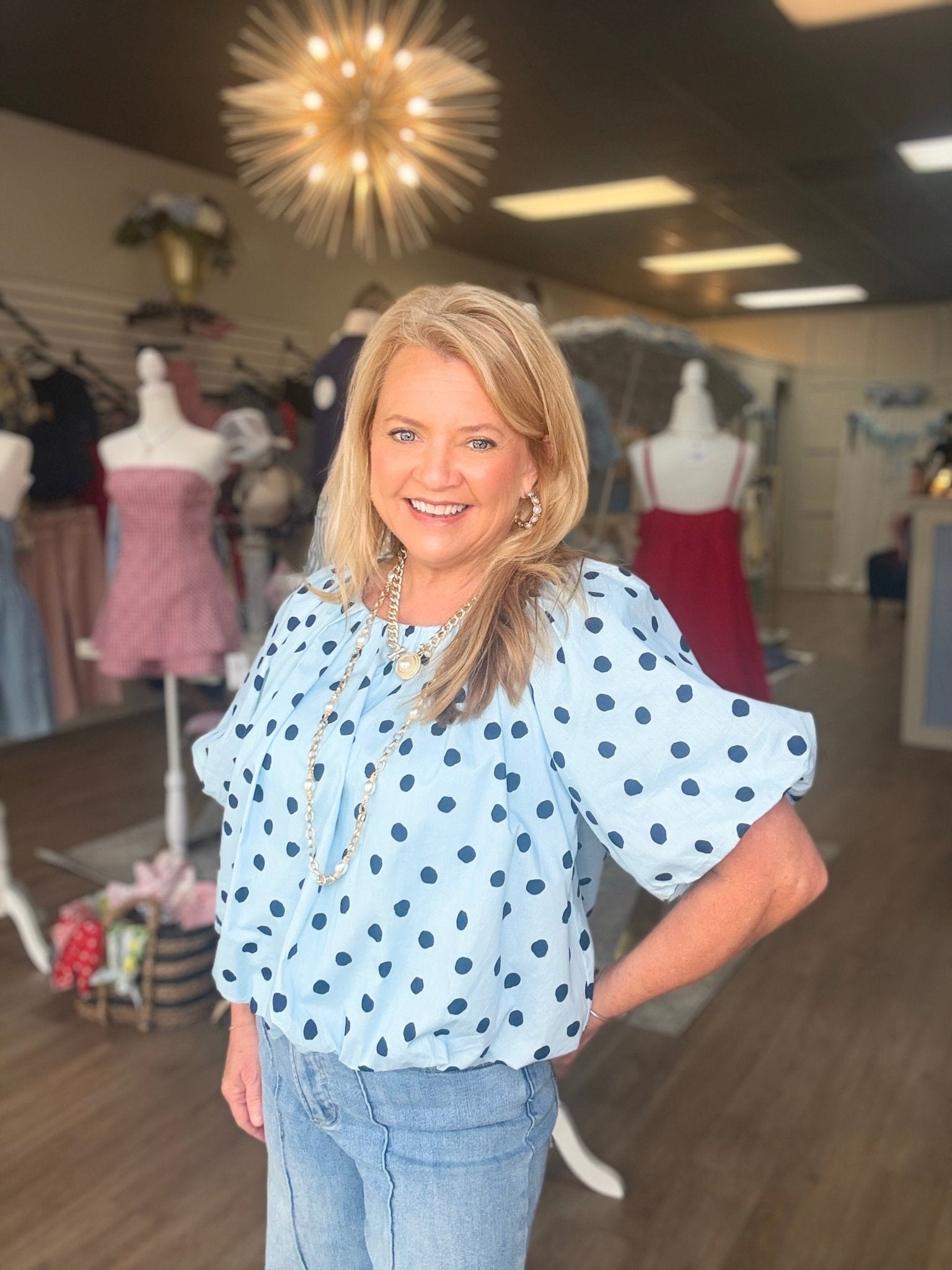 Blue Skies Polka Dot Bubble Blouse - ElleBoutiqueZachary