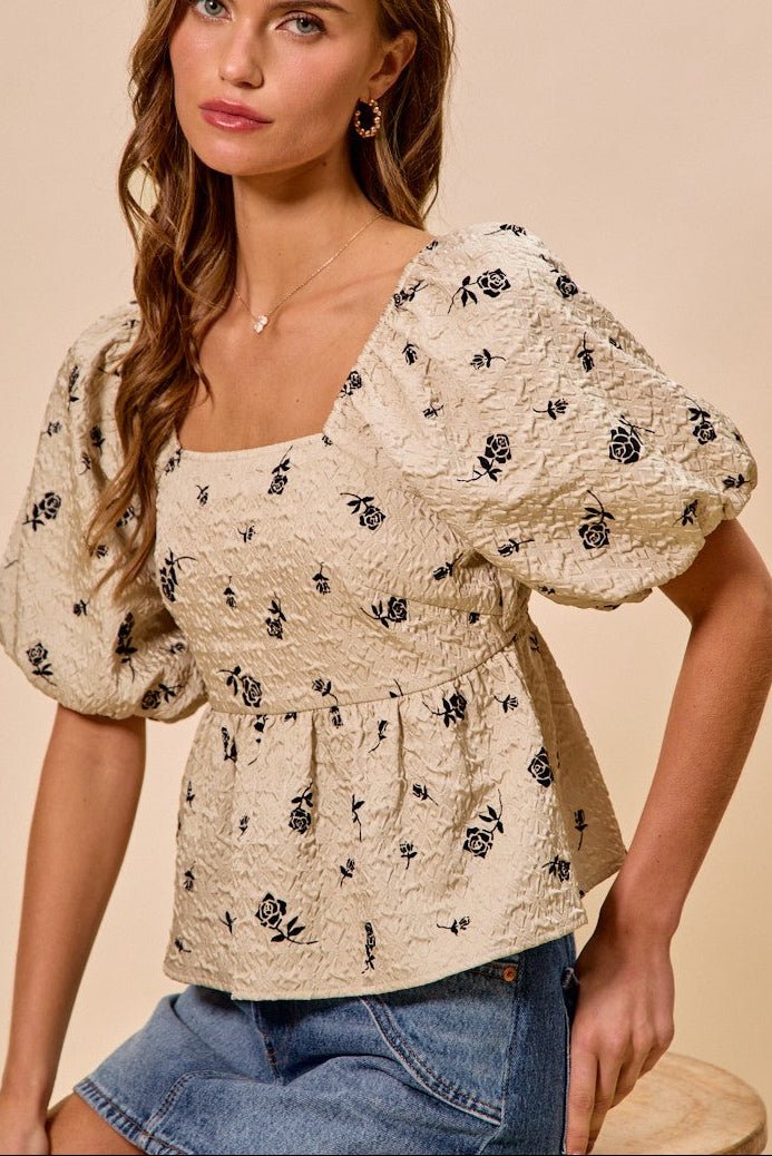 Blush Textured Floral Puff Sleeve Peplum Top - ElleBoutiqueZachary