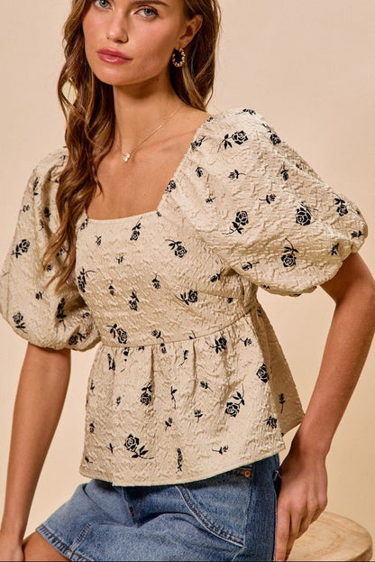 Blush Textured Floral Puff Sleeve Peplum Top - ElleBoutiqueZachary
