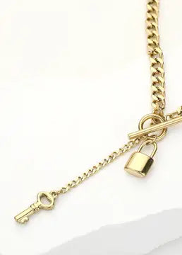 Gold Key & Lock Toggle Necklace: Gold