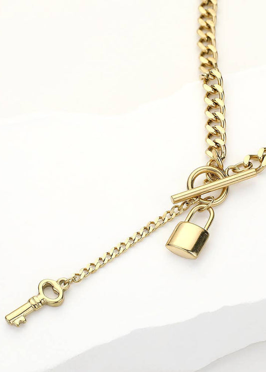 Gold Key & Lock Toggle Necklace: Gold
