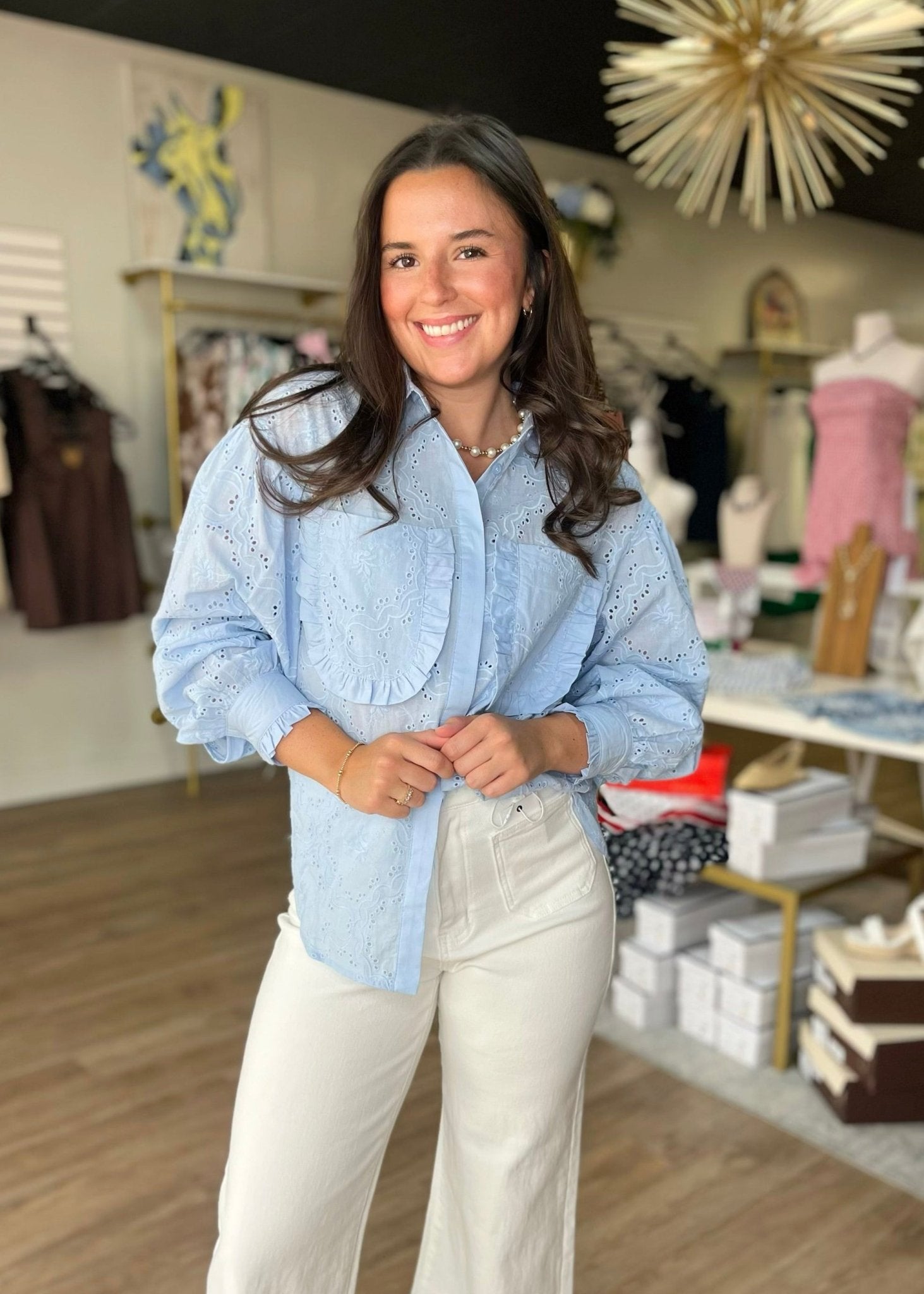Carolina Charm Eyelet Button Down Top - ElleBoutiqueZachary