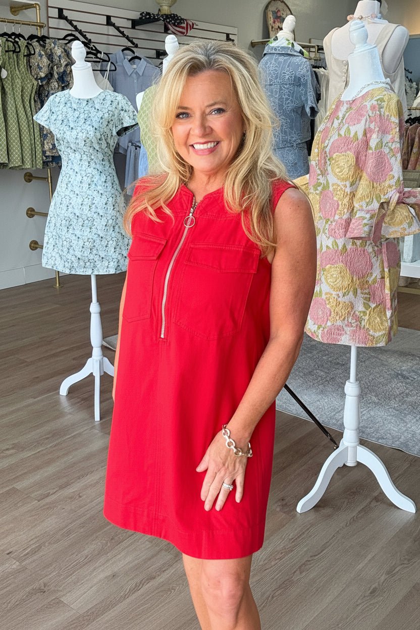 Cherry Red Half Zip Denim Dress - ElleBoutiqueZachary