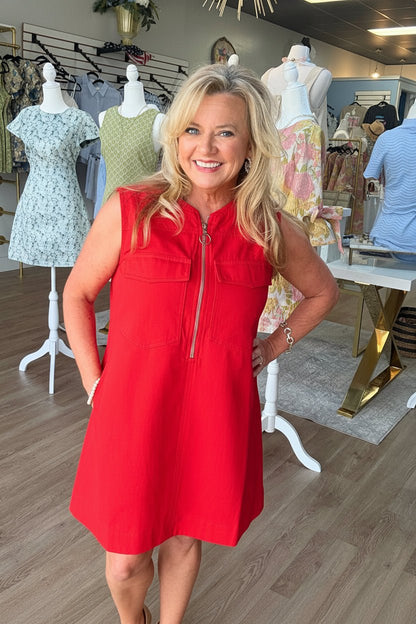 Cherry Red Half Zip Denim Dress - ElleBoutiqueZachary
