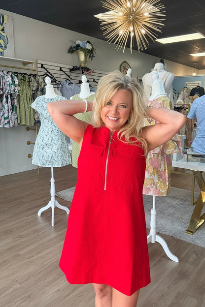 Cherry Red Half Zip Denim Dress - ElleBoutiqueZachary