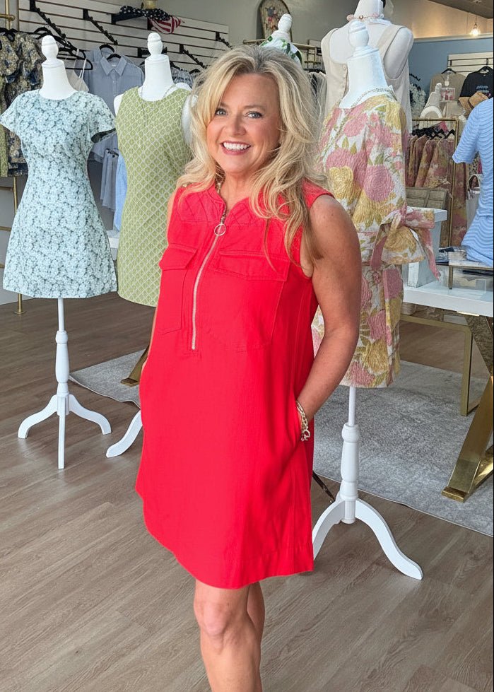 Cherry Red Half Zip Denim Dress - ElleBoutiqueZachary