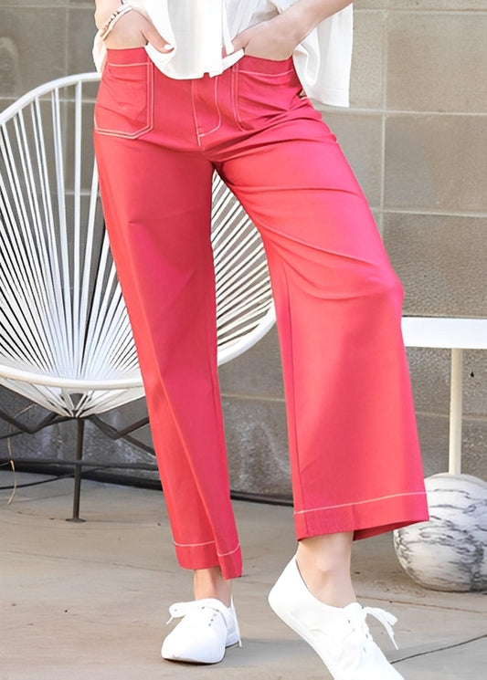 Soak up the sun in comfy cotton Sunset Raspberry wide leg pants with charming white stitching, styled at Elle Boutique, Zachary, LA.