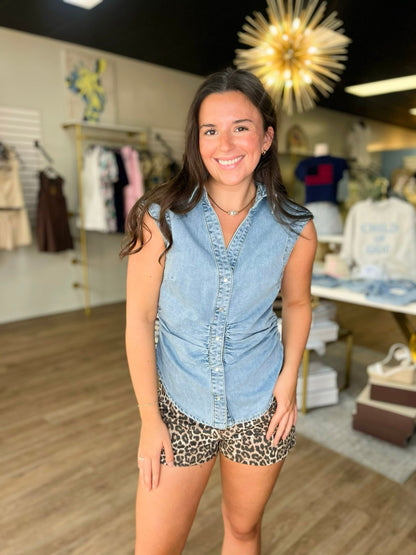 Denim Days Ruched Sleeveless Top - ElleBoutiqueZachary