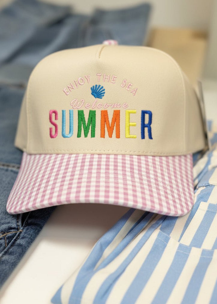Enjoy the Sea Welcome Summer Pink Gingham Hat - ElleBoutiqueZachary