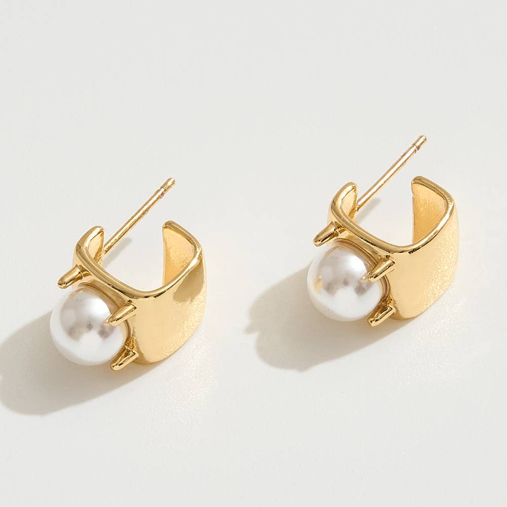 Pearl Accent Huggie Earrings: Gold