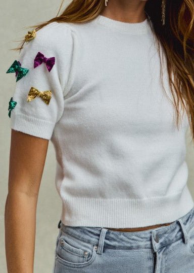 Mardi Gras Bow Puff Sleeve Top - ElleBoutiqueZachary