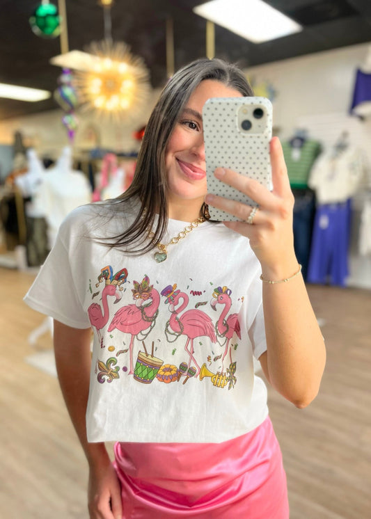 Mardi Gras Flamingo Shirt - White - ElleBoutiqueZachary
