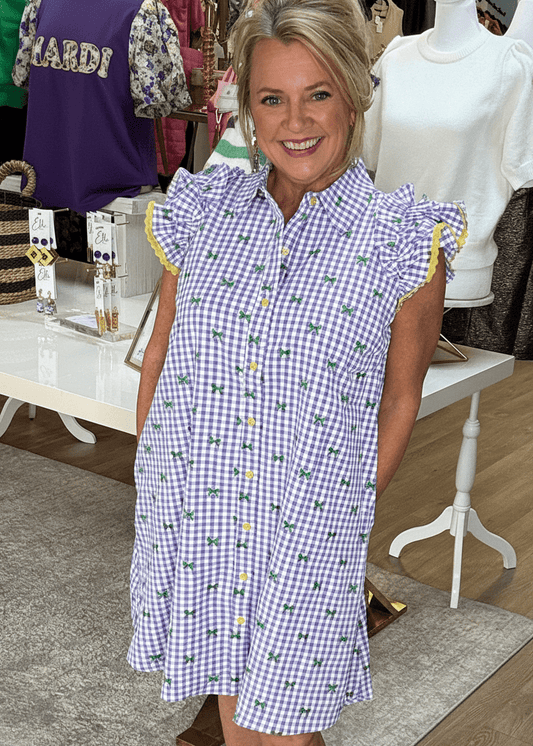 Mardi Gras Ruffle Sleeve Gingham Check Dress - ElleBoutiqueZachary