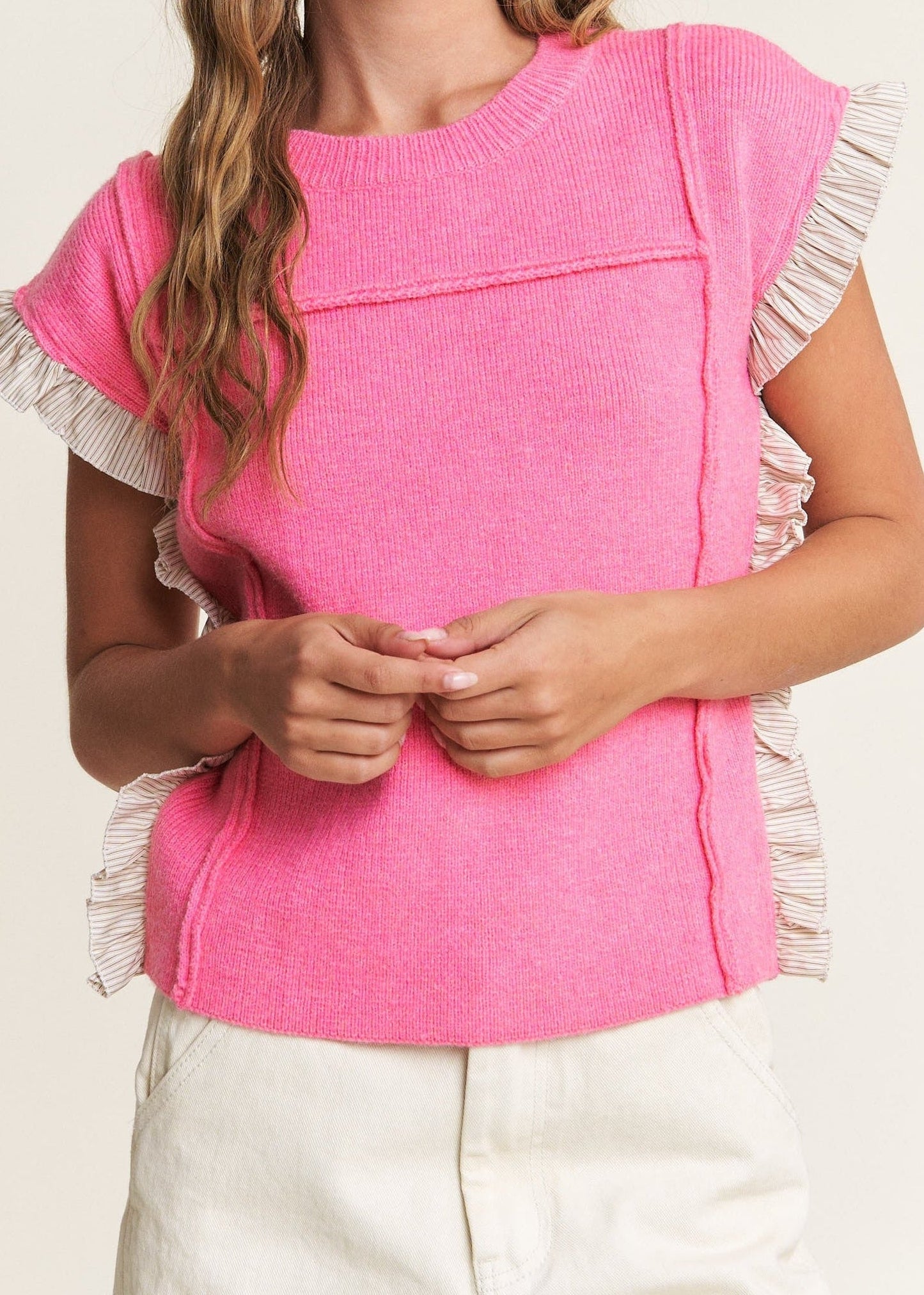 Pink Sweater w/ruffle contrast - ElleBoutiqueZachary