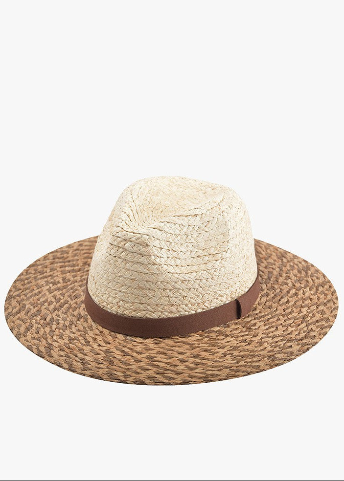 Charming two-tone straw Panama hat with a comfy fit, light crown, dark brim, and brown band. Elle Boutique, Zachary, LA.
