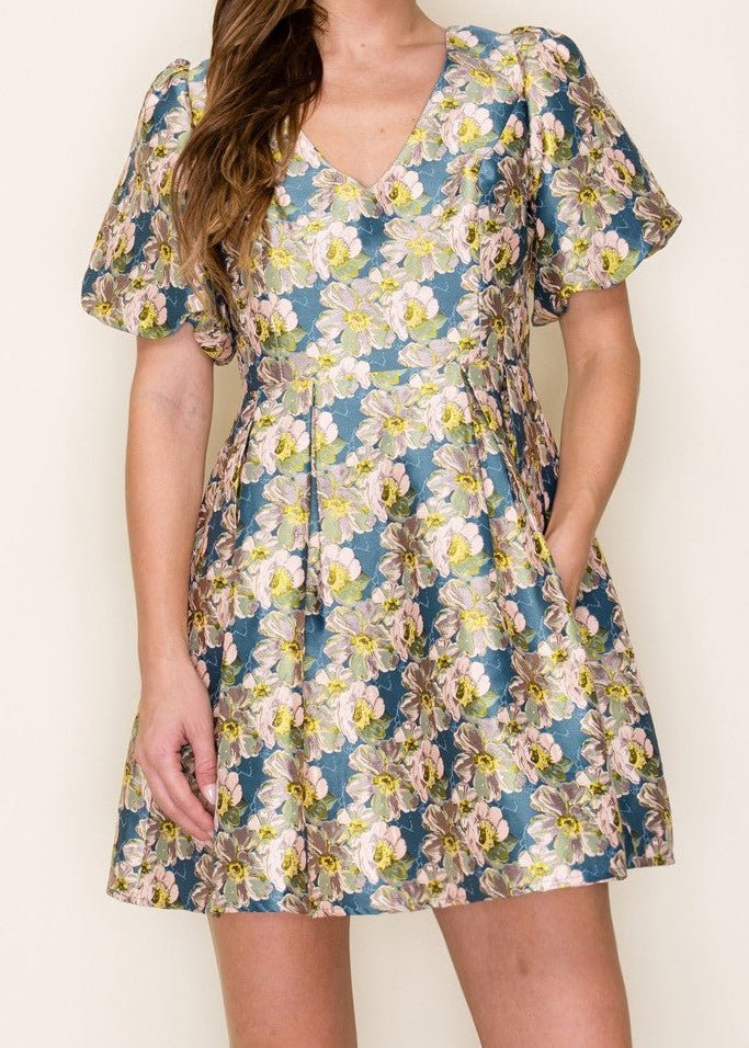 Teal & Yellow Floral Jacquard Mini Dress - ElleBoutiqueZachary