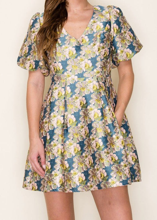 Teal & Yellow Floral Jacquard Mini Dress - ElleBoutiqueZachary